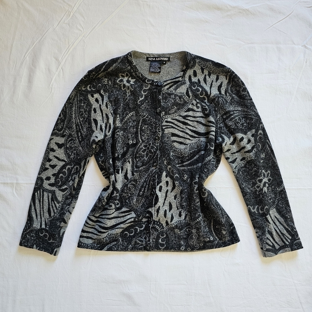 Nina Leonard vintage lambswool angora paisley preppy winter cardigan Size M